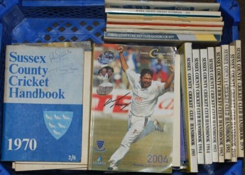 Sussex C.C.C. handbooks 1958-2012. A good run of thirty five official handbooks for seasons 1958, 1959, 1963-1965, 1968-1985, 2000, and 2003-2012. The 1970 issue signed to the front cover by Ken Suttle and Tony Buss, the 2004 signed by thirteen players to