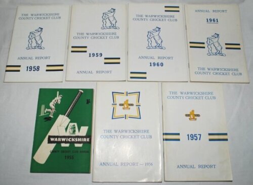 Warwickshire C.C.C. annual reports and yearbooks 1955-2012. A complete run of Annual Reports for seasons 1955-1987, and yearbooks for seasons 1989-1991, 1993, 1994, 1999-2007, 2009, 2011, and 2012. Qty 50. Very good condition - cricket