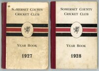 Somerset County Cricket Club Year Books 1927 and 1928. Wessex Press. Taunton 1927 and 1928. Original decorative boards. The 1927 issue with faults including small hole drilled through the volume in the top left corner, ageing to boards and breaking to int