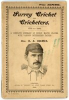 'Surrey Cricket and Cricketers 1773 to 1895. A Complete summary of every match played with various interesting tables'. Rev. R.S. Holmes. Offices of "Cricket", London 1896. 80pp plus advertising pages. Original decorative paper wrappers. Padwick 2682. Own