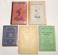 Cricket annuals and histories. Five titles including 'Spybey's Annual Register of Nottinghamshire Cricket Matches. Season 1884. Second Edition'. Eighth Year of Publication. Compiled and published by F.G. Spybey, Nottingham 1884. Original printed boards. F
