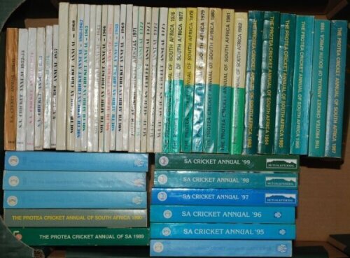 South African Cricket Annual 1951-2019. A near complete run of the Annual for seasons 1951/52, 1952/53, 1954-1957, 1959, 1960, 1961/62, and 1963-2019. Qty 65 in two boxes. G/VG - cricket