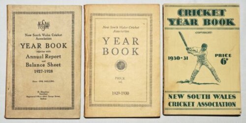 New South Wales Cricket Association Year Book. Three editions of the year book for seasons 1927/28, 1929/30 and 1930/31. Some wear to spines of the 1927/28 and 1929/30, minor age toning, otherwise in good/ very good condition - cricket