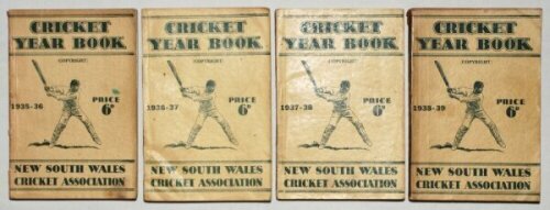 New South Wales Cricket Association Year Book. Four editions of the year book for seasons 1935/36, 1936/37, 1937/38 and 1938/39. The 1938/39 edition with signed bookplate of B.J. Wakley. Odd nicks to spines, soiling to the spine of the 1935/36 and 1938/39