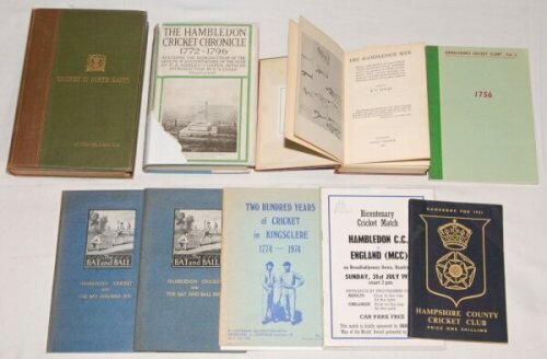 Hambledon and Hampshire cricket. Box comprising over sixty books and booklets relating to Hambledon and Hampshire. Earlier titles include 'Cricket In North Hants', John May, Basingstoke 1906. 'The Hambledon Men', E.V. Lucas, London 1907. 'The Hambledon Cr