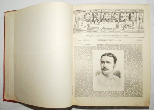 'Cricket: A Weekly Record of the Game'. 1884/85 and 1885/86. Two bound volumes. Vol. III Nos. 67-76, 24th July- 25th September 1884 and Vol. IV Nos. 80-106 29th January- 24th September 1885. Lacking title and contents pages, otherwise appears complete. B