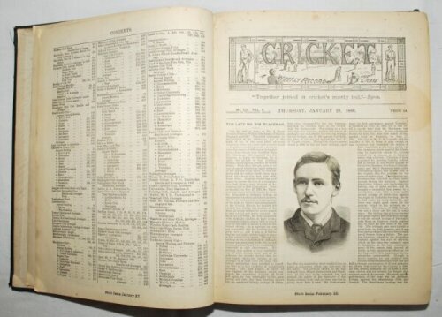 'Cricket: A Weekly Record of the Game'. 1886, 1888 and 1895. Three bound volumes. Vol. V Nos. 110-139, 28th January- 30th December 1886 with title and contents pages. Appears complete. Bound in dark green cloth. Spine torn, wear to board extremities, some