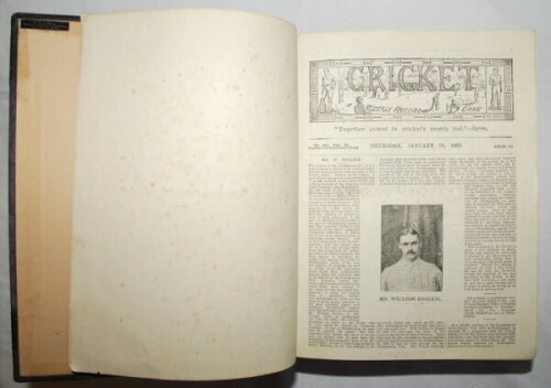 'Cricket: A Weekly Record of the Game'. 1892 and 1893. Two volumes bound together as one in black quarter leather with gilt title to spine. Vol. XI Nos. 290-319 28th January- 29th December 1892 and Vol. XII Nos. 320-349 26th January- 28th December 1893. A