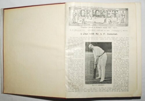 'Cricket: A Weekly Record of the Game'. Volume II (New Series), Nos. 31- 60 18th January to 17th December 1913 bound in red cloth complete with title and contents pages. Red speckled page edges. Slight wear to boards and spine extremities. Some creasing t