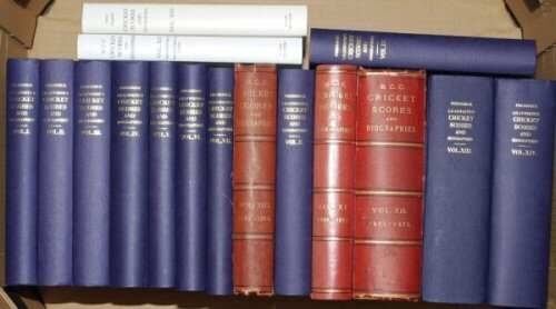 'Frederick Lillywhite's [and M.C.C.] Cricket Scores and Biographies of Celebrated Cricketers'. Volumes I- XVI. Volumes VIII, XI and XII are original bindings in red cloth and gilt titles to fronts and spines. The remainder are facsimile editions published