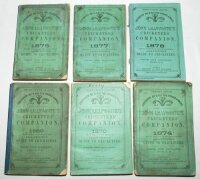 'John Lillywhite's Cricketers' Companion'. Six issues for 1869 (25th edition), 1870, 1874, 1875, 1877 and 1878 (34th edition). Original green wrappers. Tape repair to the spine of the 1869, other odd faults, overall in good condition - cricket