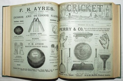 'Cricket: A Weekly Record of the Game'. Volume IV. Numbers 80-109 (29th January to 24th December 1885). Bound in green cloth, gilt title to spine, each issue complete with original wrappers, and title page and contents page to front. Illustrated. Slipped 