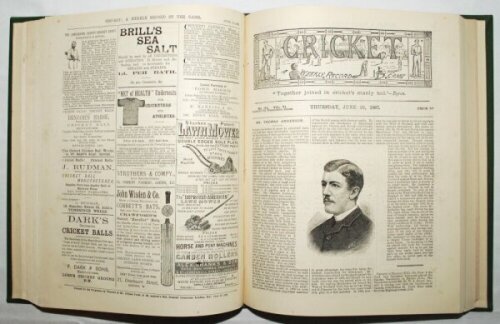 'Cricket: A Weekly Record of the Game'. Volume VI. Numbers 140-169 (27th January to 29th December 1887). Bound in modern green cloth, gilt to spine incorrectly titled 'Volume III'. Title page and contents page to front, lacking original wrappers. Illustra