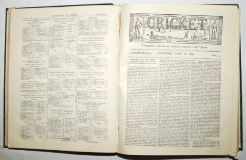 'Cricket: A Weekly Record of the Game'. Volume IX. Numbers 230-259 (27th January to 27th December 1890). Bound in publisher's original green cloth, gilt title to front and spine, title page and contents page to front, lacking original wrappers. Illustrate