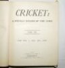 'Cricket: A Weekly Record of the Game'. Volume IX. Numbers 230-259 (27th January to 27th December 1890). Bound in publisher's original green cloth, gilt title to front and spine, title page and contents page to front, lacking original wrappers. Illustrate - 2