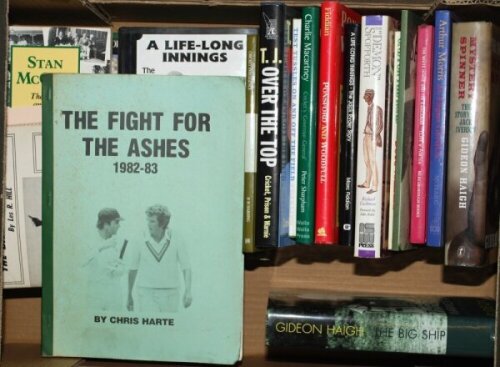 Australian cricket. Box comprising twenty eight mainly modern hardback and softback biographies with the odd anthology and history, of which fourteen are signed. Signatures include Chris Harte, D.M. Harding, Ken Piesse, D.K. Darling, Peter Sharpham, Marc 