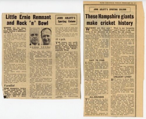 'Hampshire County Cricket'. The Official History'. H.S. Altham, John Arlott, E.D.R. Eagar and Roy Webber. First edition, London 1957. Dustwrapper with odd nicks, otherwise good. Signature in ink 'From H.S. Altham' on label laid down to half title page and