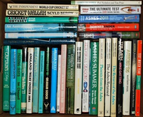 Cricket tour histories 1970s-2000s. Two boxes, one comprising thirty five titles, the majority hardbacks with good dustwrappers, covering tours and Test series for the period with good Ashes coverage. The other with twenty four tour related titles includi