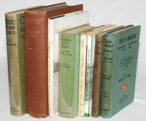 Pre World War II books. Eight hardback titles, the majority pre second World War. 'Cricket Reminiscences', P.F. Warner, London 1922. 'Test Cricket', William P.H. Sparks, Ouseley 1926 with dustwrapper. 'My Book of Cricket and Cricketers', Patsy Hendren, Lo