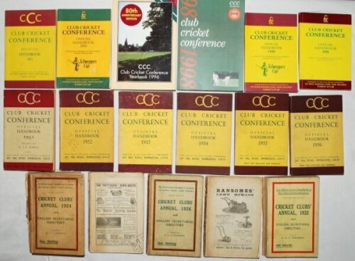 Cricket Association and Club handbooks 1920s-1990s. Box comprising a large selection of handbooks, the majority 1950s onwards, some earlier. Includes a good run of forty three official handbooks for the London and Southern Counties Cricket Conference, la