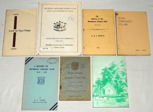 Club histories 1929 onwards. Small box comprising a selection of club histories. Titles include 'Jubilee Souvenir of Accrington Cricket Club 1877-1927', S.M. Holden 1927. 'Look to Your Mote. 1857-1957', A.E. Ratcliffe 1957. 'A History of Beverley Cricket 