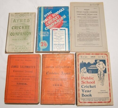 Cricket annuals 1898-1932. 'James Lillywhite's Cricketers' Annual' 1898 and 1894. Wrappers detached on the 1898, the 1894 wrappers worn. 'Ayres' Cricket Companion 1912', W.R. Weir. 'The Public School Cricket Year Book 1914', A.W. Lane-Joynt. 'Ayres' Publi