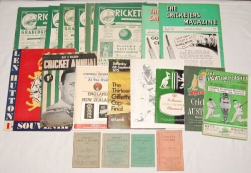 Cricket statistics, annuals and magazines. Small box comprising a selection of annuals and magazines. 'Cricket Facts & Figures' 1935 & 1936, and 'Cricket Records' 1938 & 1946, four small booklets of statistical records, each compiled by E.L. Roberts for G