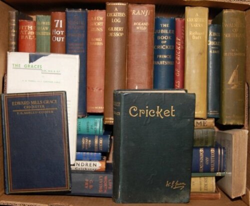 Cricket biographies and autobiographies. Box comprising twenty eight mainly pre-war titles, the majority hardbacks. 'Forty Seasons of First-Class Cricket', R.G. Barlow, Manchester 1908. 'A Cricketer's Log', G.L. Jessop, London 1922. Two titles by Richard 