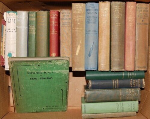 Cricket tours. Box comprising nineteen hardback titles. 'Wickets in the West', R.A. Fitzgerald, London 1873. 'An Australian Cricketer on Tour', Frank Laver, London 1905. 'With the M.C.C. to New Zealand', P.R. May', London 1907. Four titles by Percy Fender