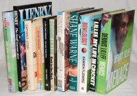 Australian cricketers' biographies. Sixty titles with the odd soft cover edition and library copy, in two boxes. Eleven titles are signed by the subject/ author. Signatures are Bob Simpson, Richie Benaud (2), Geoff 'Henry' Lawson, Marc Fiddian, Dennis Lil