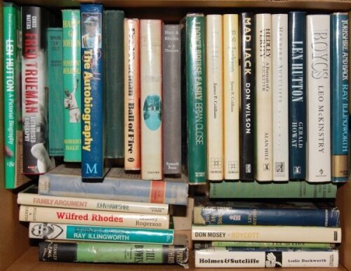 Yorkshire cricketers' biographies. Box comprising twenty eight hardback titles with the odd library copy. Four titles are signed by the subject/ author, 'Cricket Is My Life', Len Hutton, London 1949, 'Ball of Fire', Fred Trueman, London 1976, 'Boycott. Th