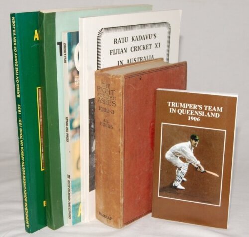 Cricket tours and tour related books. Box comprising thirty five titles with the odd soft cover edition. Some signed by the subject/ author, including 'The Fight for the Ashes 1932-3', Jack Hobbs, London 1933, signed by Hobbs. Also signed limited editions