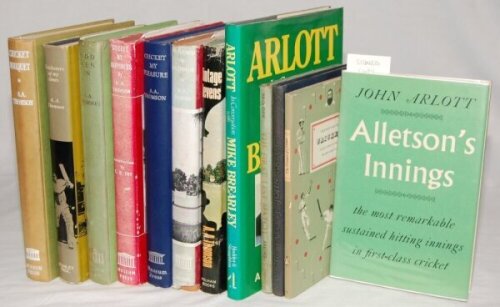 Great cricket writers. Box comprising forty two titles with the odd soft cover edition. Authors include John Arlott (Qty 21), Neville Cardus (9), A.A. Thomson (7), and David Frith (5). Includes one signed title, 'Alletson's Innings', John Arlott, London 1