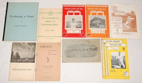 Essex cricket. Box comprising a selection of over eighty books, booklets, yearbooks, club histories, programmes, scorecards etc. relating to cricket in Essex. Histories include 'The History of Fives and Heronians Cricket Club 1937-1997', John M. Rattey, L