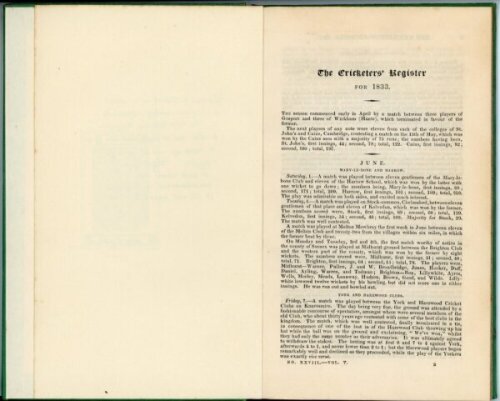 'The Cricketers' Register for 1833'. 32pp booklet originally issued in three parts by 'The New Sporting Magazine' in the magazine's issues of August (no. 28), September (no. 29) and October (no. 30) of 1833, paginated so they could be extracted from the m