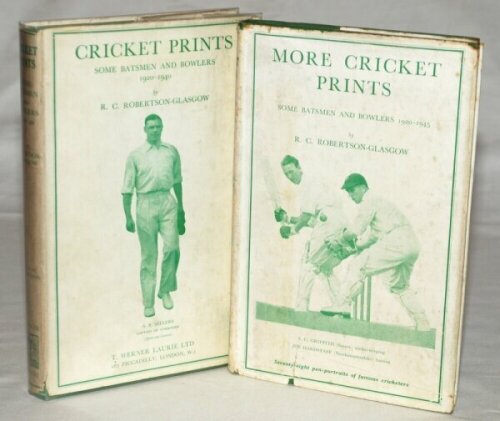 R.C. Robertson-Glasgow. Two hardback titles, both with decent dustwrappers. 'Cricket Prints. Some Batsmen and Bowlers 1920-1940', fourth impression London 1948, and 'More Cricket Prints. Some Batsmen and Bowlers 1920-1945', first edition, London 1948. 'Cr