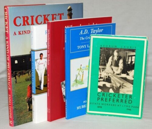 Cricket selection and catalogues. Two hardback titles with good dustwrappers, 'Cricket a Kind of Pilgrimage', Emma Levine, Hong Kong 2009, and 'Rose-Tinted Summer. The Dressing Room Diary', Joe Sayers, Ilkley 2013. Also three softbacks, 'Cricketer Preferr