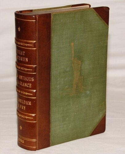 'Great Batsmen. Their Methods at a Glance'. G.W. Beldam and C.B. Fry. London 1905. First edition beautifully rebound in half leather and green cloth, raised bands and gilt title to spine, the green cloth with inlaid original gilt decoration of a batsman t