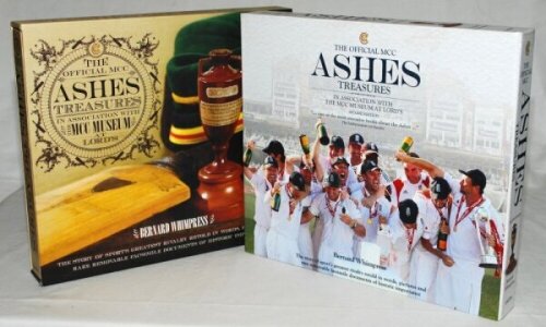 'The Official M.C.C. Ashes Treasures in association with the M.C.C. Museum at Lord's'. Bernard Whimpress. First edition published 2009 covering Ashes series up to and including 2006/07, and second edition published 2010 covering up to 2009. Each in slip c