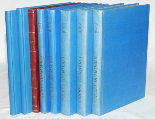 'The Cricket Quarterly. A Journal devoted to the Noble Game of Cricket' 1963-1970. Volumes I-VIII. Edited by Rowland Bowen. Eastbourne, Sussex. Complete. Volumes I-V appear to be in publisher's original blue cloth binding and blue top page edges, Vol. VI 