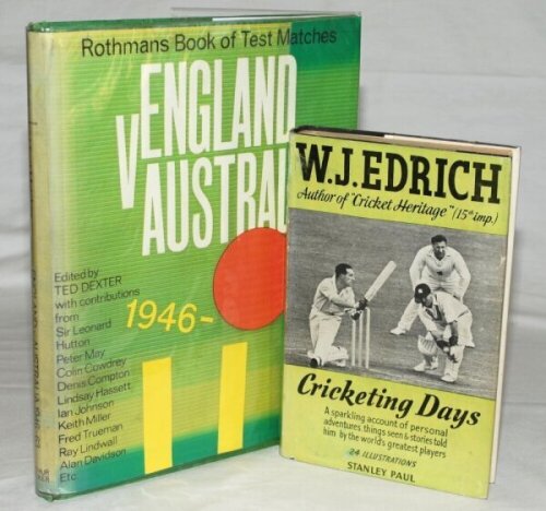 The Edrich family. 'Cricketing Days'. W.J. Edrich. First edition, London 1950. Hardback with good dustwrapper. Signed in ink to title page with dedication, 'To harry, with very best wishes, W.J. Edrich. Oct. 1950'. Sold with the 'Rothmans Book of Test Mat