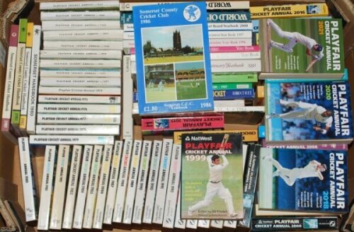 Cricket annuals, guides and handbooks 1930s onwards. Two boxes comprising a selection of over one hundred annuals, handbooks and tour guides including six booklets published by The Cricket Book Society 1946-1947, First Series issue numbers 1 and 3-7. Auth