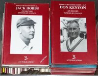 'Famous Cricketers Series'. Association of Cricket Statisticians publications. Good run of eighty seven numbered titles, nos. 1-5, 8-31, 33-40, 43-47, 50-54, 56, 57, 59, 60, 62, 63, 65-81, 83-90, and 92-100. Issue numbers one, Jack Hobbs, and four, Frank 