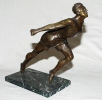 Athletics. 'Breaking the Tape'. Bronze figure of an athlete lunging forward to complete a race. The elegant figure on marble base measures 13.5" tall. Maker and date unknown, possibly 1930s. Repair to top of left leg, otherwise a nice piece in good condit