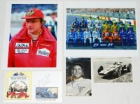 Motor racing. A selection of photographs and a commemorative cover, three signed including a small mono signed photograph of Stirling Moss, another dated to verso 10th January 1963 apparently signed by Bruce McLaren, and a commemorative cover for the 500t