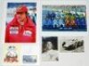 Motor racing. A selection of photographs and a commemorative cover, three signed including a small mono signed photograph of Stirling Moss, another dated to verso 10th January 1963 apparently signed by Bruce McLaren, and a commemorative cover for the 500t
