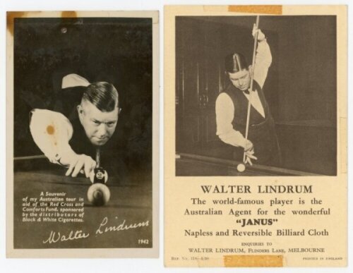 Billiards. Walter Lindrum. Mono real photograph postcard of Lindrum captioned 'A Souvenir of my Australian tour in aid of the Red Cross and Comforts Fund, sponsored by the distributors of Black & White Cigarettes 1942'. Nicely signed in ink to the verso w