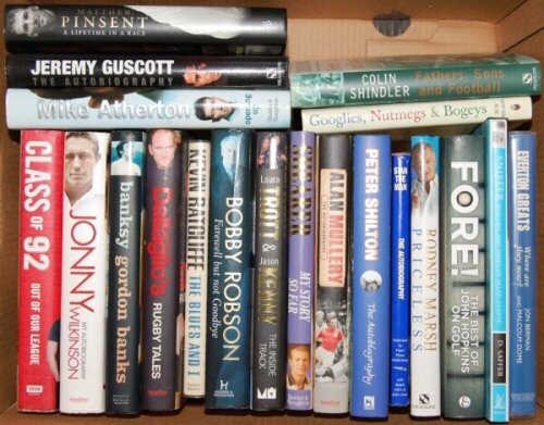 Sporting biographies. Box comprising twenty hardback titles with good dustwrappers, of which twelve are signed by the subject/ author. Signatures include Allan Clarke, Mike Summerbee, Alan Mullery, Peter Shilton, Stan Bowles, Rodney Marsh (football), Mike