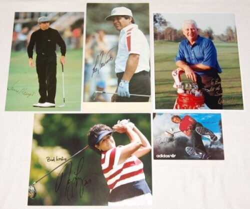 Signed golf photographs 1980s. A selection of five colour photographs and magazine extracts, each signed by the featured player. Signatures are Gary Player, Lee Trevino, Nancy Lopez, Ken Venturi, and a signed Adidas advertising postcard of Bernhard Langer