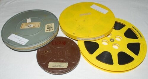 Tennis films c.1940s-1970s. Four original 16mm films, each with annotated title to the reel or tin. Titles are 'Tennis Elementary Fundamentals', Los Angeles City Schools, 'Rosewall vs Emerson 3rd Set', C.B.S. Tennis, 'Davis Cuppers- Tops in Tennis. R Glen